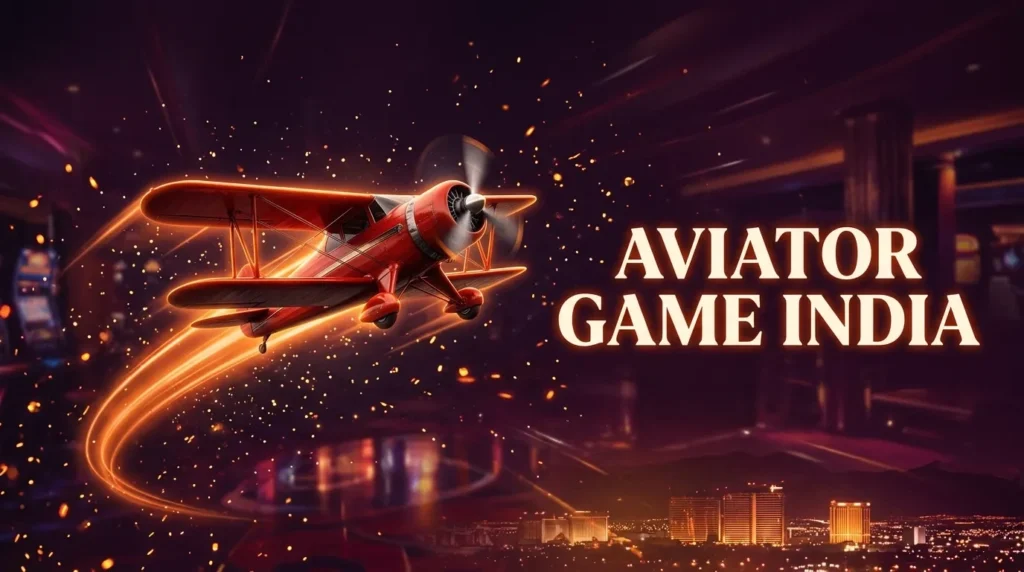 Banner titled "AVIATOR GAME INDIA" featuring a red biplane flying upward against a dark purple background decorated with glowing curves, poker chips, and dice.